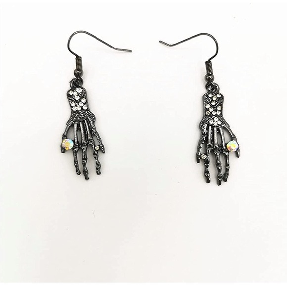 Silver Crystal Skeleton Hand Drop Earrings - Picture 2 of 3